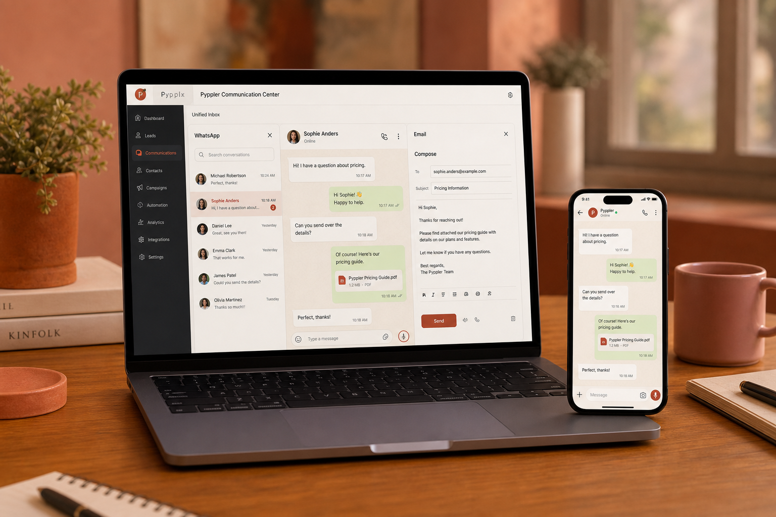 Laptop messaging center with chat and email channels, phone showing a personal chat thread