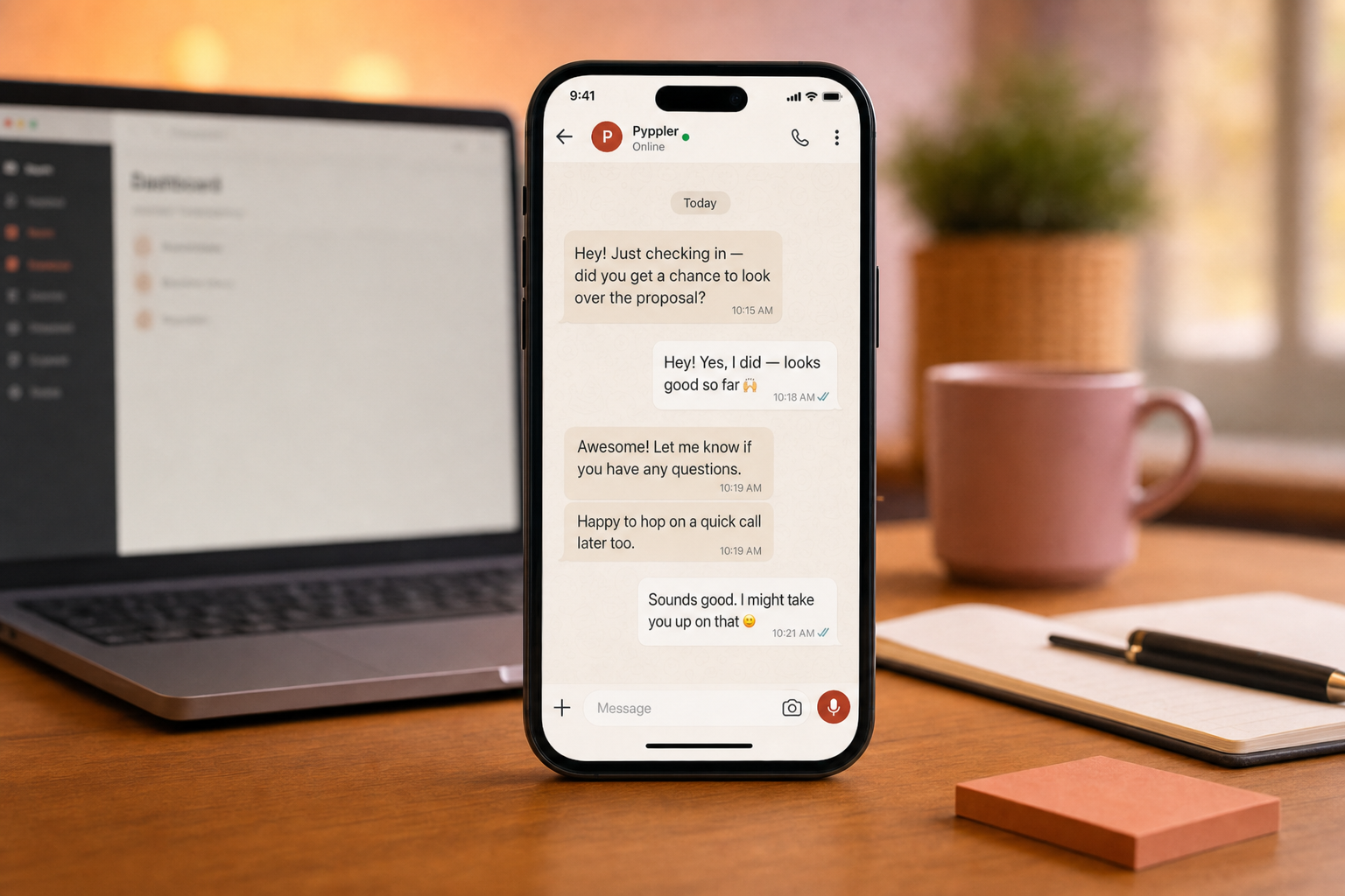 Authentic one-to-one day-to-day chat on a phone — personal follow-up, not a promo blast