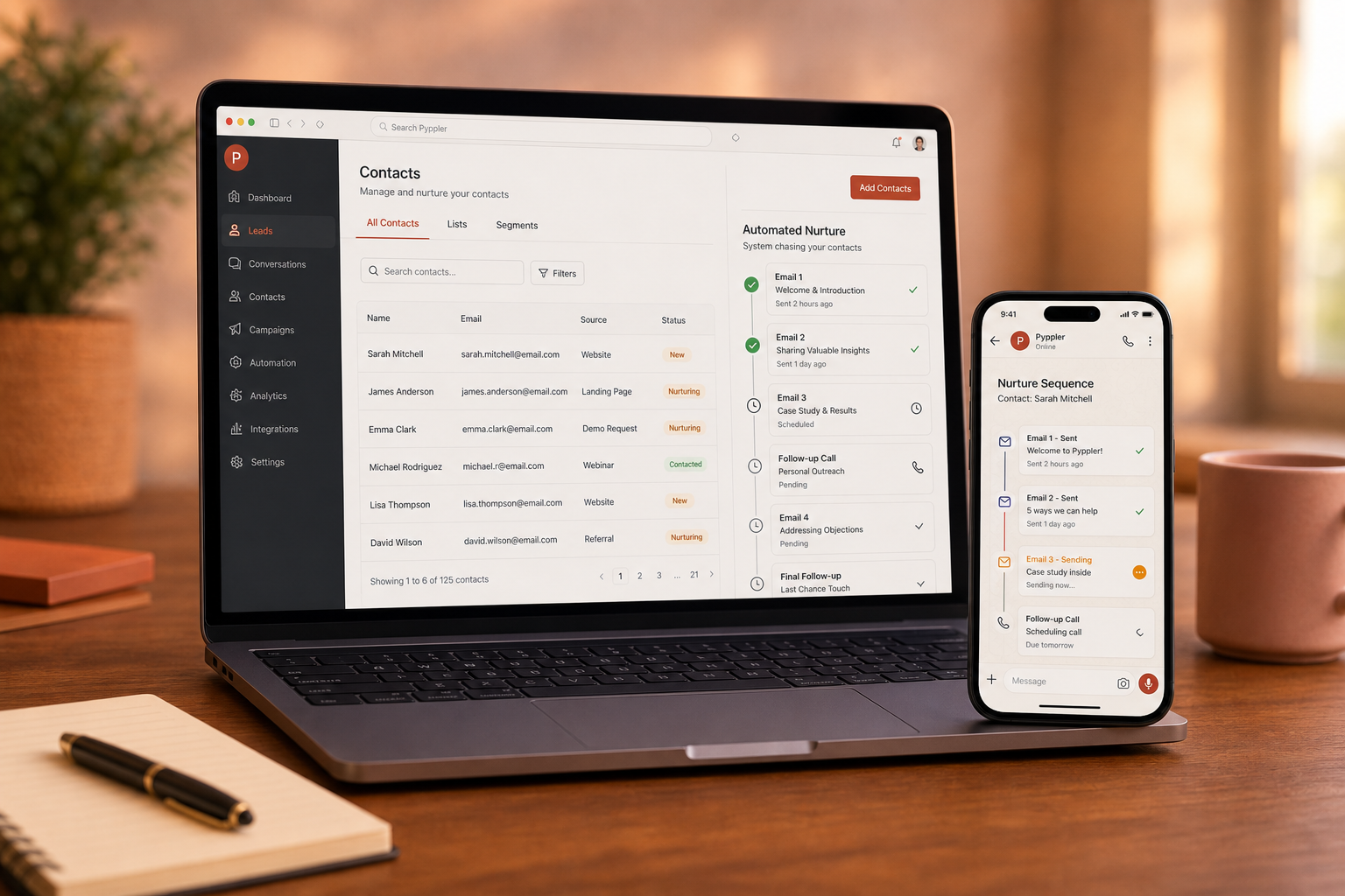 Pyppler contacts feed on a laptop with a personal chat follow-up on the phone beside it