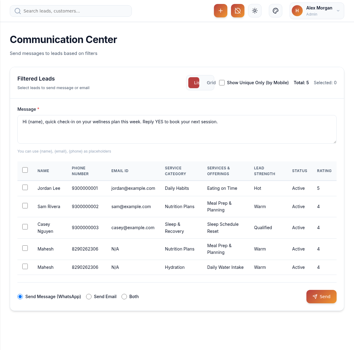 WhatsApp and email follow-up messages
